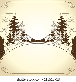 Winter landscape. Silhouettes of firs. Drawing.