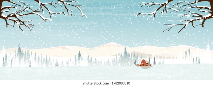 Winter landscape with silhouettes of misty pine trees in forest with lonely wooden barn,Vector illustration peaceful natural in minimalist style for New year or Christmas banner background