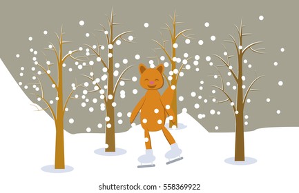 Winter landscape with a skating fox, vector drawn card. Funny illustration.
