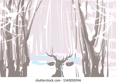 Winter landscape sketch with deer vector illustration