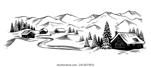 Winter landscape sketch. Wood cabin landscape