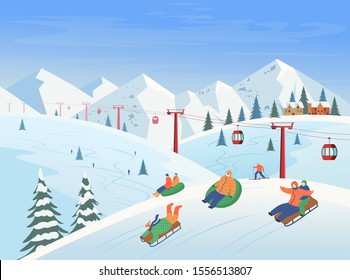 Winter landscape with ski lift, mountains, people sledding, skiing. Ski resort. Vector flat illustration.