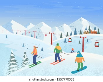 Winter landscape with ski lift, mountains, people skiing, snowboarding. Ski resort. Vector flat illustration.