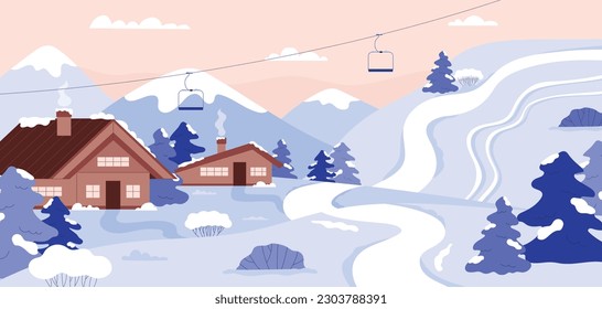 Paisaje invernal de la estación de esquí de estilo plano, ilustración vectorial. Montañas, casas de madera y teleférico, paisaje, hermosa naturaleza. Lugar para esquiar y patinar