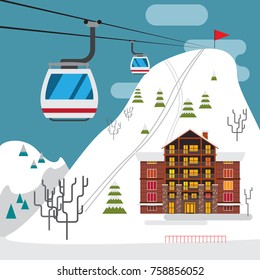 Winter landscape with ski resort, ski funicular and hotels. Snow mountains, trees and firs