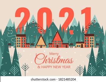 Winter Landscape With Ski Resort Town In Snowfall. Mountain Village With Ski Lifts And Tracks, Country Houses, Fir Trees. Christmas Holiday Vacation Concept. Color Vector Illustration In Flat Style. 