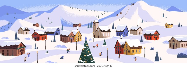 Winter landscape in ski resort village with cute houses. People walk on streets of small town with snowy mountain scenery. Christmas countryside with rocks, downhills. Flat vector illustration