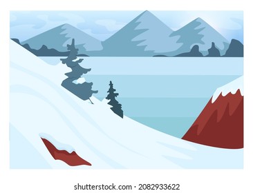 El paisaje invernal. Esquí y paseos en snowboard por caminos naturales salvajes. Colinas nevadas y paisaje forestal. Hermosa naturaleza salvaje en la nieve, clima helado de diciembre. Ilustración vectorial plana