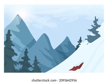 Winter landscape. Ski and snowboarding wild natural paths. Snowy hills and forest scenery. Beautiful wild nature in snow, december freezing weather. Flat vector illustration