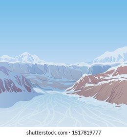 Winter landscape, ski track among snowy rocks against the background of mountains, created by imagination in the format of vector graphics.