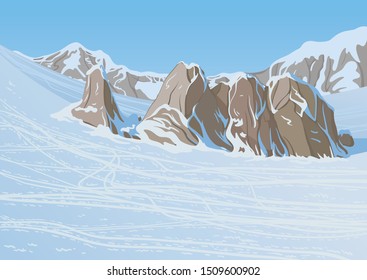 Winter landscape, ski trail among snowy rocks in the mountains on a clear day, created by imagination in the format of vector graphics.