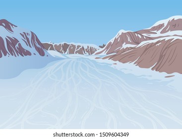 Winter landscape, ski trail on the slope of the mountain on a clear day, created by imagination in the format of vector graphics.