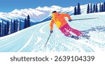 Winter landscape with skier on skiing slope, forest and mountains in the background. Handmade drawing vector illustration. Can be used as poster, banner etc.