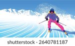 Winter landscape with skier on skiing slope, forest and mountains in the background. Handmade drawing vector illustration. Can be used as poster, banner etc.