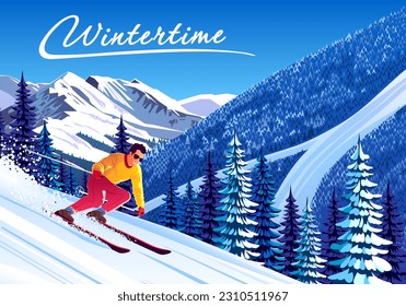 Winter landscape with skier on skiing slope, forest and mountains in the background. Handmade drawing vector illustration. Can be used as poster, banner etc.
