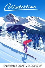 Winterlandschaft mit Skifahrern auf Skipiste, Wald und Berge im Hintergrund. Handgefertigte Zeichenkette, Vektorgrafik. Kann als Poster, Banner etc. verwendet werden.