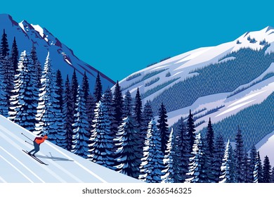 Winter landscape with skier on skiing slope, forest and mountains in the background. Handmade drawing vector illustration. Can be used as poster, banner etc.