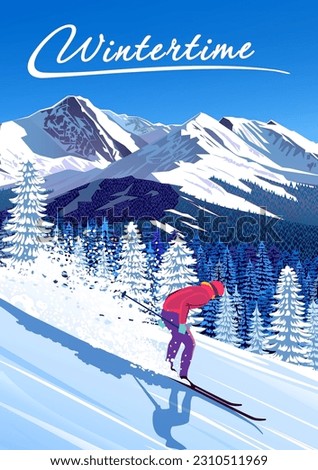 Winter landscape with skier on skiing slope, forest and mountains in the background. Handmade drawing vector illustration. Can be used as poster, banner etc.