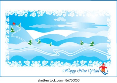  winter landscape with skier: snow hills and pines - Happy New Year postcard