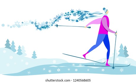 Winter Landscape with a Skier. Vector Illustration.
