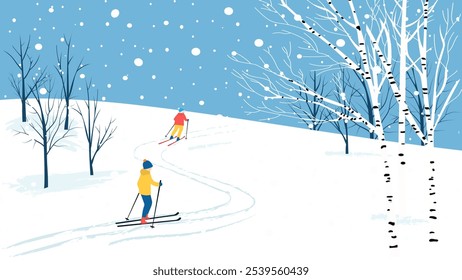 Winter landscape with skiers. Happy man and woman skiing among trees in snowy weather. Ski trail. Vector illustration winter sports.