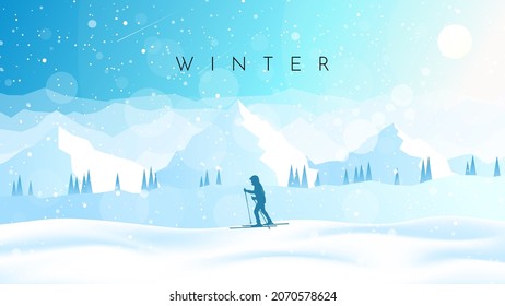 Winter landscape. Skiing in the mountains. Adventures, hiking, tourism, outdoor sports. Travel concept of discovering, exploring.  Minimalist polygonal flat design graphic poster. Vector illustration