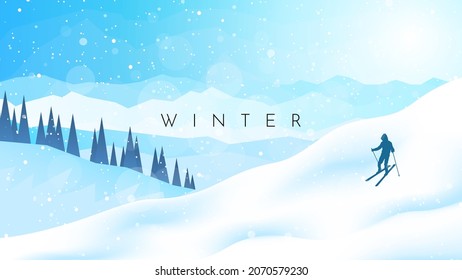 Winter landscape. Skiing in the mountains. Adventures, hiking, tourism, outdoor sports. Travel concept of discovering, exploring.  Minimalist polygonal flat design graphic poster. Vector illustration