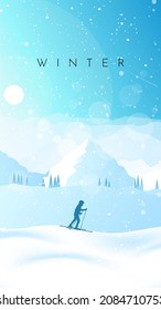 Winter landscape. Skiing in the mountains. Adventures, hiking, tourism, outdoor sports. Travel concept of discovering, exploring.  Minimalist polygonal flat design graphic poster. Vector illustration