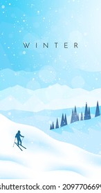 El paisaje invernal. Esquiar en las montañas. Aventuras, senderismo, turismo, deportes al aire libre. Concepto de viajes de descubrir, explorar.  Afiche gráfico de diseño plano poligonal minimalista. Ilustración del vector