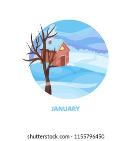 Winter landscape with small house, tree and snow on the ground. Cold January. Flat vector icon in circle shape