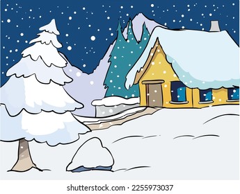  winter landscape with small settlement cartoon vector