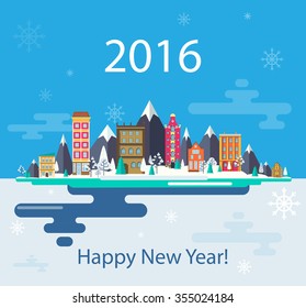 Winter landscape. Small town. Set of urban buildings. City. Happy New Year 2016 Infographics. Flat design. Stock. Image. Illustration. Vector.