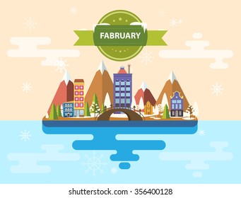 Winter landscape. Small town. Set of urban buildings. City. Calendar. Month of February. Infographics. Flat design. Stock. Image. Illustration. Vector.