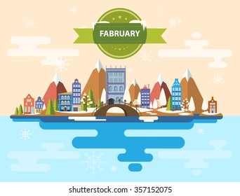 Winter landscape. Small town. Set 3 of urban. Calendar. Month of February. Infographics. Flat design. Mountains, nature, buildings, city. Stock. Image. Illustration. Vector.