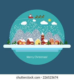 Winter Landscape With Small Village, Christmas Tree And Flying Sleigh With Reindeer And Santa. Phrase Of Congratulations For The New Year Vector Illustration In Flat Design Style. EPS 10