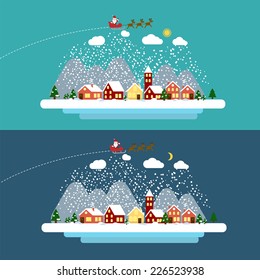 Winter landscape with small village, Christmas tree and flying sleigh with reindeer and Santa. Vector illustration in flat design style. EPS 10