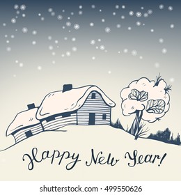 Winter landscape with a small village. Hand-drawn illustration. Vector.