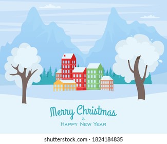 Winter landscape with a small village in the mountains. Cute vector illustration for greeting card, banner, poster