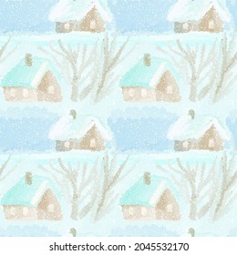  Winter landscape with a small village.  Seamless pattern.  Drawing with dots.  Vector illustration.   