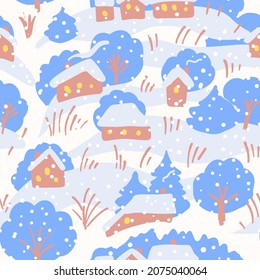  Winter landscape with a small village.  Seamless pattern. Vector illustration.   