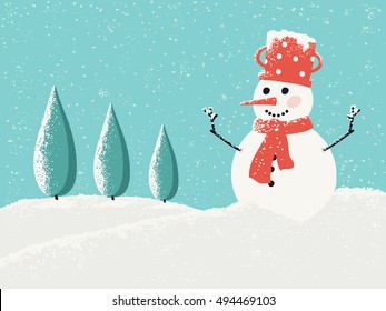 Winter Landscape with Smiling Snowman.