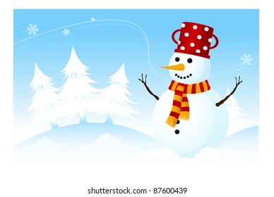 Winter Landscape with Smiling Snowman. 