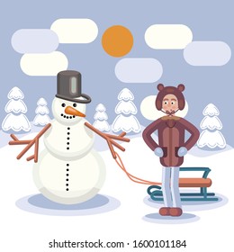 Winter, winter landscape, snow around, a snowman with a bucket on his head, a boy in a hat with ears.