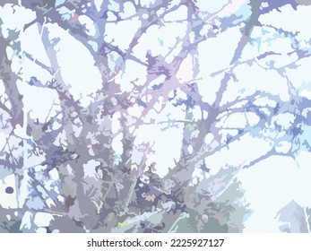 Paisaje invernal con ramas de nieve. Ramas de árboles entrelazadas en tonos fríos para telas de fondo o texturas, impresiones y productos de tela, papel pintado y textiles, cubiertas, soluciones interiores, carteles, etc.
