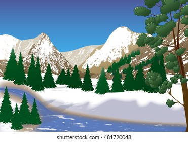 Winter landscape. snow capped mountains, forest and lake. Vector illustration.