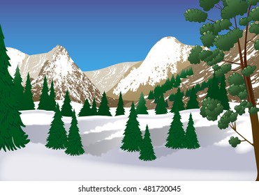 Winter landscape. Snow copped  mountains and forest. Vector illustration.
