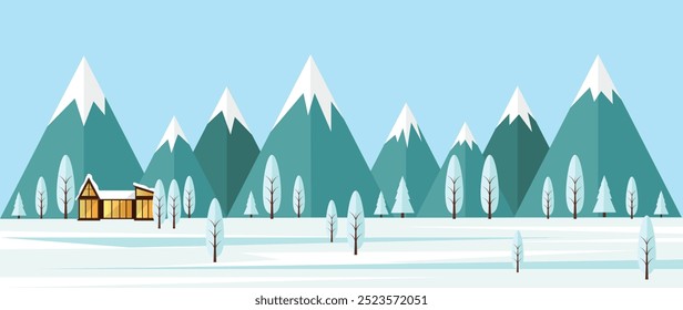 Winter Landscape with Snow Covered Cabin. Nature and rural living during cold season vector