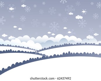 winter landscape with snow covered hills and snowflakes