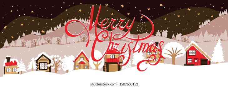 winter landscape with snow covered houses. Vector winter night landscape with village in the snowy forest. Lettering Merry Christmas 