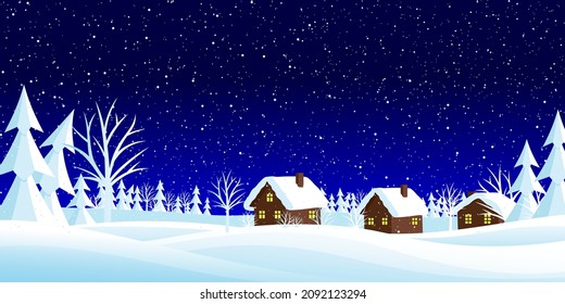 Winter landscape with snow covered houses and trees in the snow.